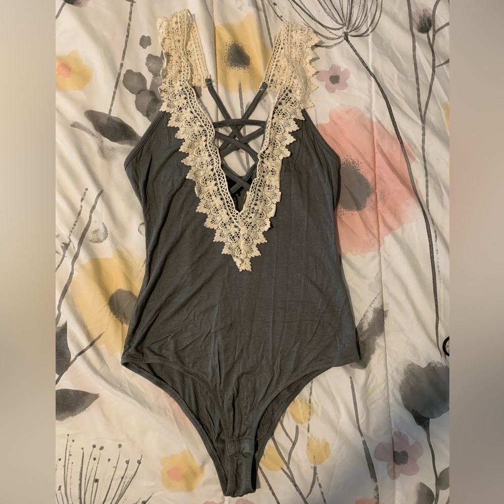 Lace Trim Gray Bodysuit